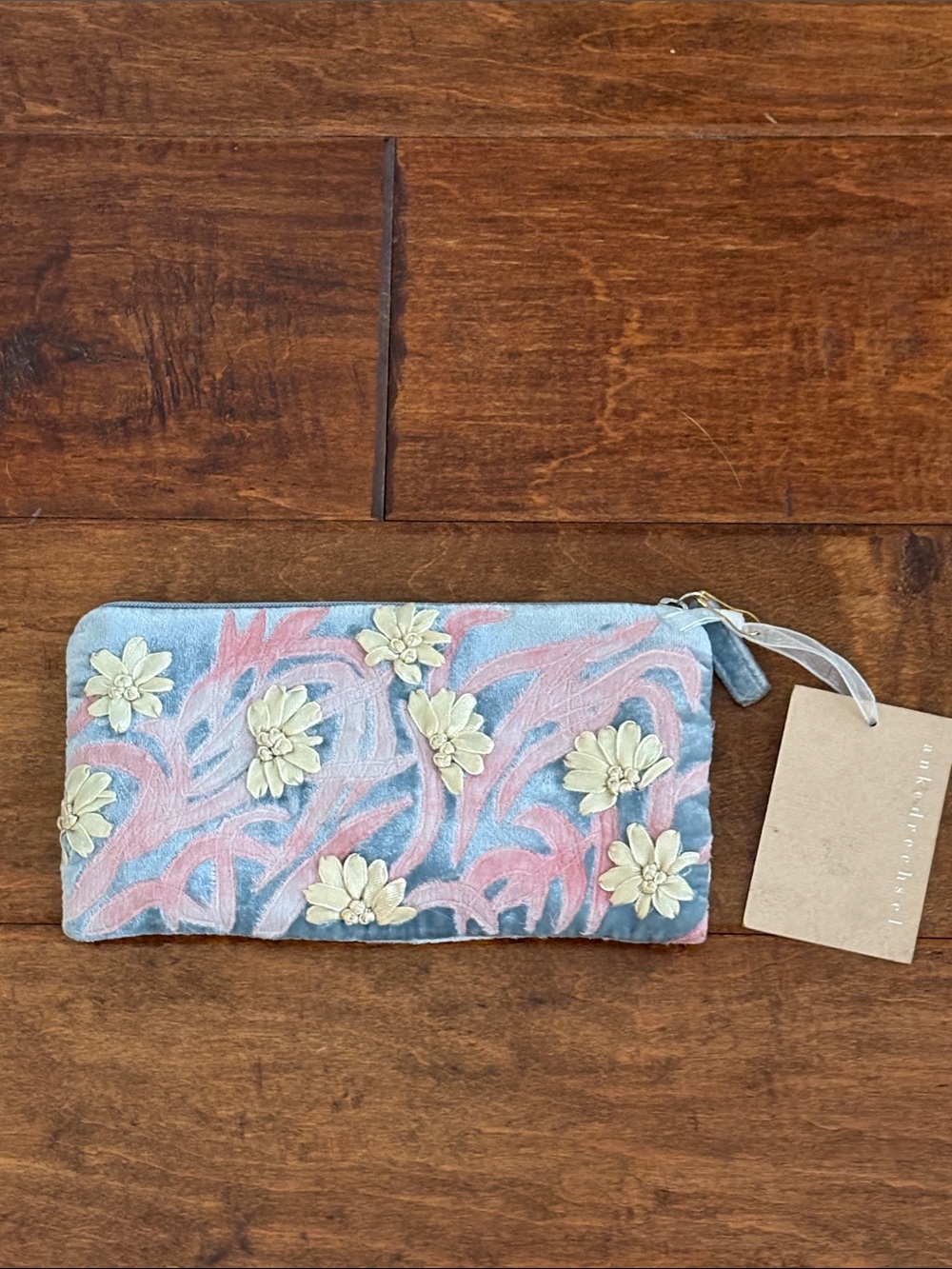 Floral Appliqué Zip Wallet in Blue & Pink
